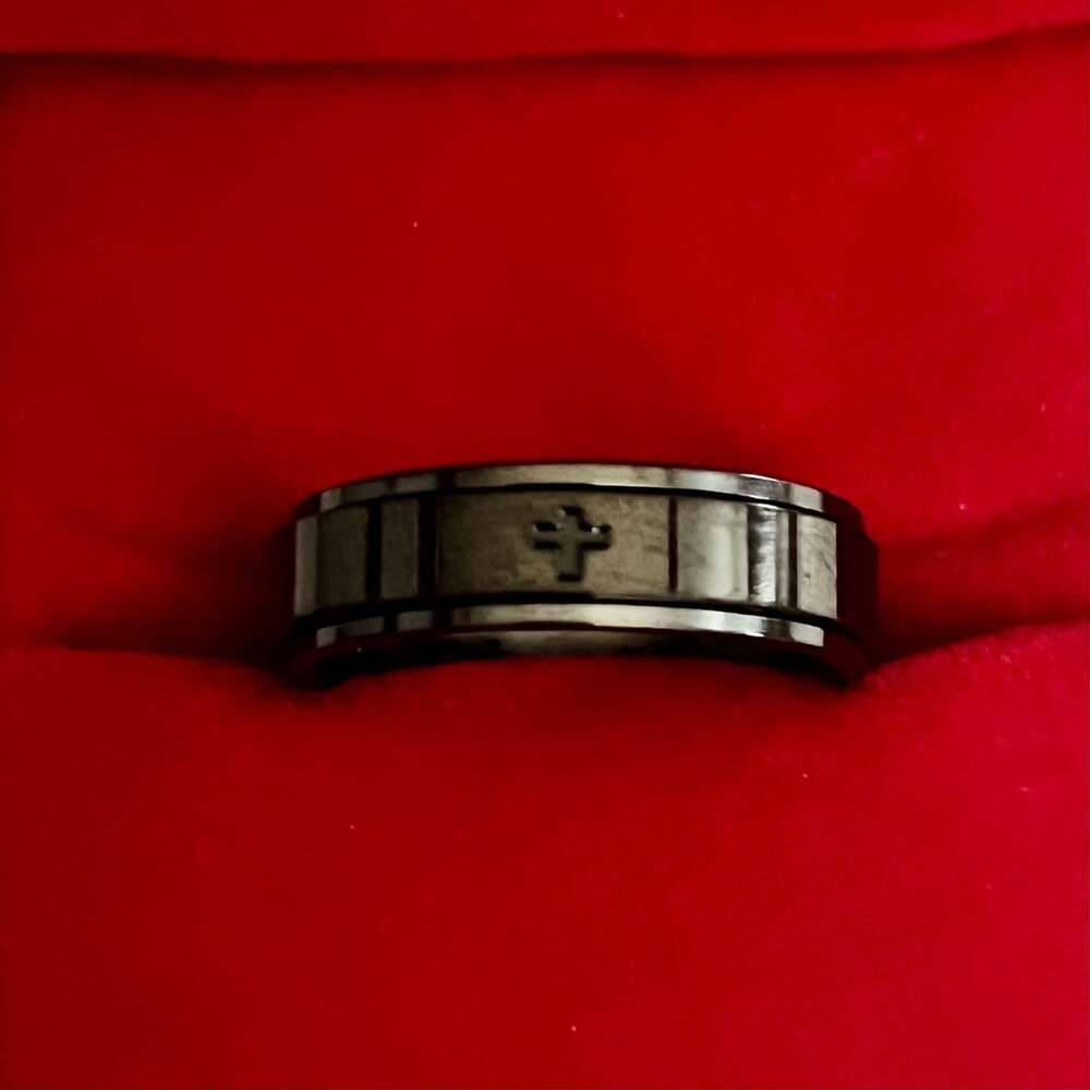 Tungsten Titanium Laser Etched Cross 4mm Band Ring Black IP Size 11